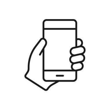 Cep telefonu simgesi. Cep telefonu elinde. El ele tutuşan akıllı telefon. Beyaz arkaplanda vektör simgesi izole edildi