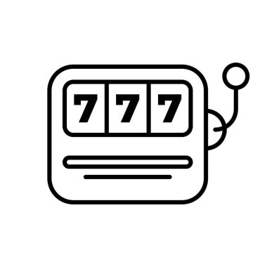 Siyah ve beyaz slot makinesi simgesi. Beyaz arka planda yedi büyük ikramiye sembolü ve minimal tasarımı var..