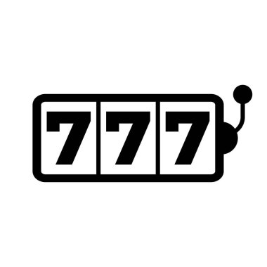 Siyah ve beyaz slot makinesi simgesi. Beyaz arka planda yedi büyük ikramiye sembolü ve minimal tasarımı var.