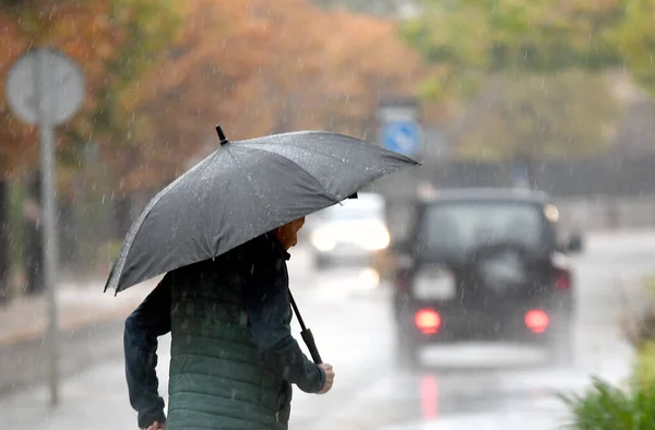 Mensen Met Paraplu Warme Kleren Vanwege Een Regenachtige Dag Mallorca Rechtenvrije Stockfoto's