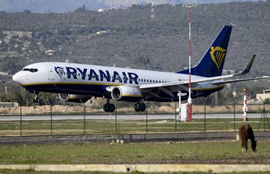 İspanya 'nın Palma de Mallorca havaalanına bir Ryanair ticari uçağı iniyor..