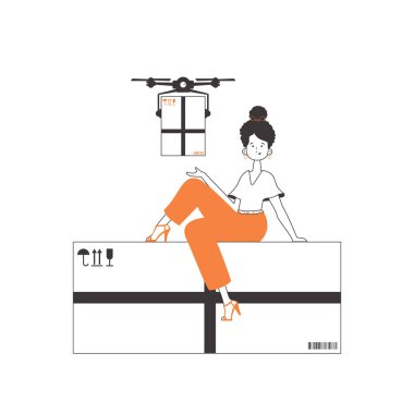 Kız paketi İHA 'yla teslim ediyor. Drone teslimat konsepti. Minimalist doğrusal stil. Beyaz arka planda izole edilmiş. Vektör illüstrasyonu.
