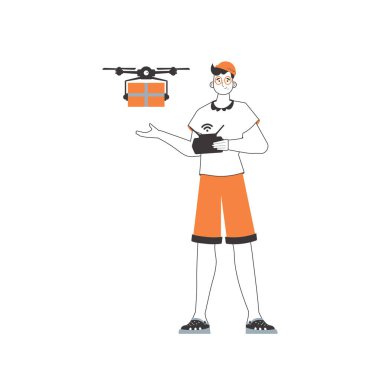 Bir adam insansız hava aracı ile bir paket teslim eder. Hava taşıma konsepti. Minimalist doğrusal stil. Beyaz arka planda izole edilmiş. Vektör illüstrasyonu.