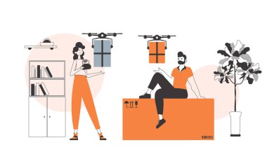 Bir erkek ve bir kadın, ekip paketi İHA ile teslim eder. Drone teslimat konsepti. Doğrusal trend biçimi.