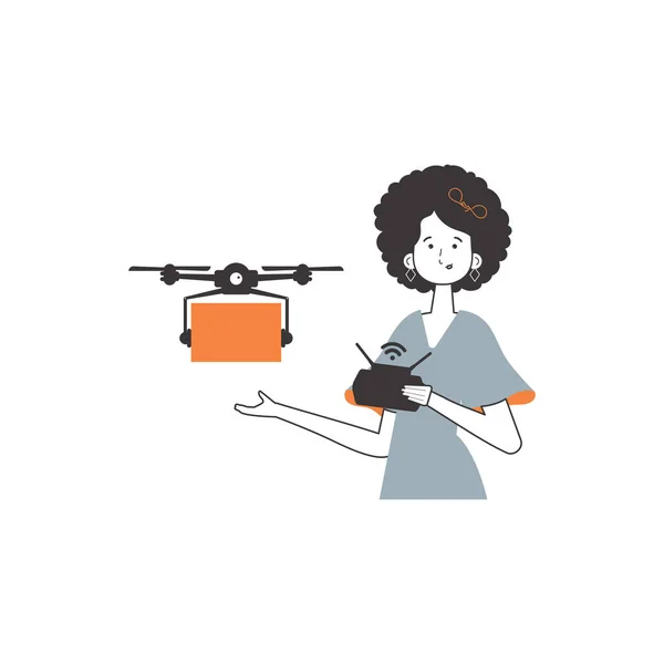 stock vector The girl delivers the package by drone. Air delivery concept. Minimalistic linear style. Isolated on white background. Vector illustration.