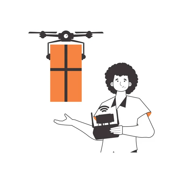 Stock vector A man delivers a package by drone. The concept of cargo delivery by air. Minimalistic linear style. Isolated on white background. Vector illustration.