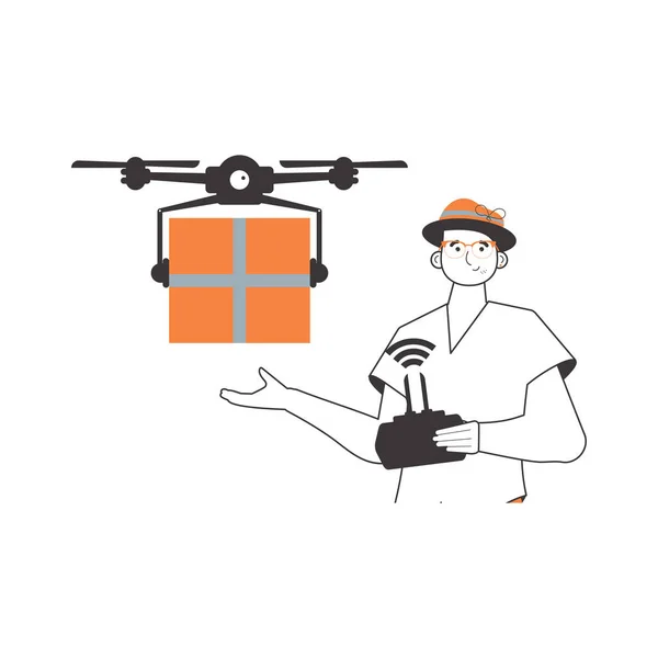 stock vector A man sends a package with a drone. Air delivery concept. Minimalistic linear style. Isolated on white background. Vector illustration.