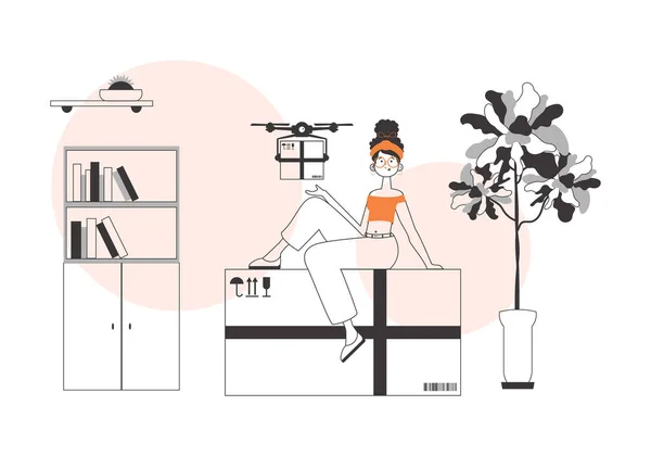 Une Femme Livre Colis Avec Drone Concept Livraison Air Style — Image vectorielle