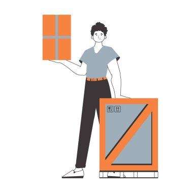 Çocuğun elinde bir paket var. Mal ve paket teslimatı kavramı. Doğrusal trend tarzı. Beyaz arka planda izole edilmiş. Vektör illüstrasyonu.