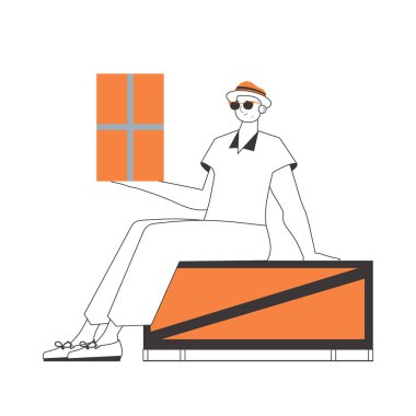 Çocuğun elinde bir paket var. Paket sağlayıcı. Doğrusal modern tarz. Beyaz arka planda izole edilmiş. Vektör illüstrasyonu.