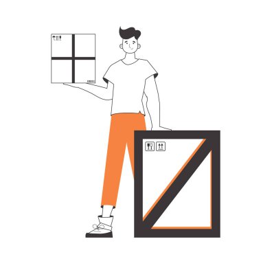 Adamın elinde bir paket var. Mal ve paket teslimatı kavramı. Doğrusal trend tarzı. Beyaz arka planda izole edilmiş. Vektör illüstrasyonu.