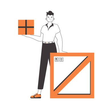 Adamın elinde bir paket var. Mal ve paket teslimatı kavramı. Doğrusal stil. Beyaz arka planda izole edilmiş. Vektör illüstrasyonu.