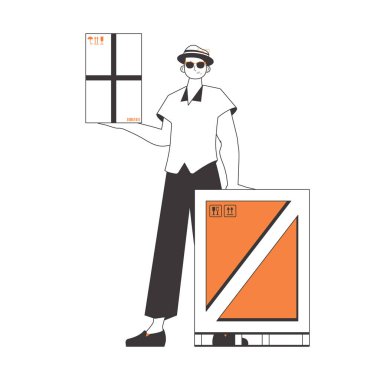 Adamın elinde bir paket var. Teslimat konsepti. Doğrusal trend tarzı. Beyaz arka planda izole edilmiş. Vektör illüstrasyonu.