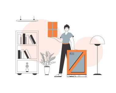 Adamın elinde bir paket var. Paket sağlayıcı. Doğrusal modern biçim.