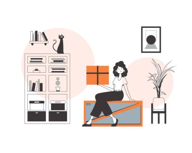 Kızın elinde bir paket var. Mal ve paket teslimatı kavramı. Doğrusal biçim.