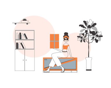 Kadının elinde bir paket var. Teslimat konsepti. Doğrusal modern biçim.