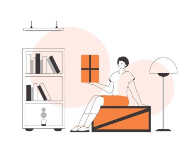 Adamın elinde bir paket var. Paket teslimat konsepti. Doğrusal modern biçim.