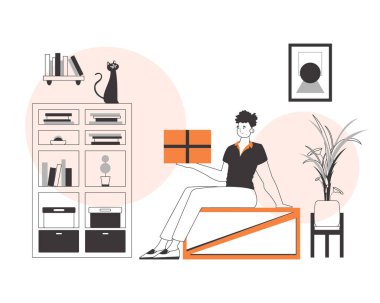 Çocuğun elinde bir paket var. Teslimat konsepti. Doğrusal modern biçim.