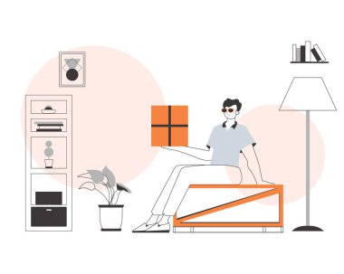 Çocuğun elinde bir paket var. Mal ve paket teslimatı kavramı. Doğrusal modern biçim.