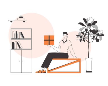 Çocuğun elinde bir paket var. Mal ve paket teslimatı kavramı. Doğrusal biçim.