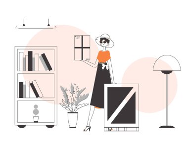 Kadının elinde bir paket var. Paket teslimat konsepti. Doğrusal modern biçim.