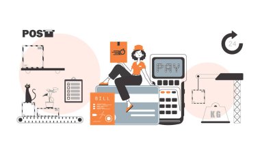 Bir kadın banka kartına oturur ve bir paket tutar. Teslimat konsepti. Doğrusal trend biçimi.