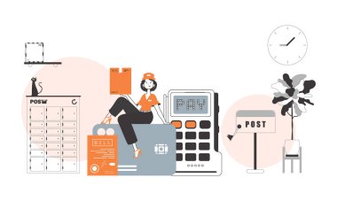 Bir kadın banka kartına oturur ve bir paket tutar. Teslimat konsepti. Doğrusal modern biçim.