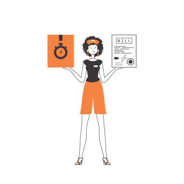 Bir kadın elinde bir paket ve bir çek tutuyor. Teslimat konsepti. Doğrusal stil. Beyaz arka planda izole edilmiş. Vektör illüstrasyonu.