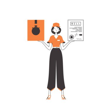 Bir kadın elinde bir paket ve bir çek tutuyor. Mal ve paket teslimatı kavramı. Doğrusal modern tarz. Beyaz arka planda izole edilmiş. Vektör illüstrasyonu.