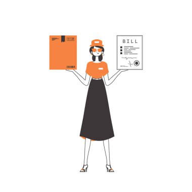 Bir kadın elinde bir paket ve bir çek tutuyor. Mal ve paket teslimatı kavramı. Doğrusal stil. Beyaz arka planda izole edilmiş. Vektör illüstrasyonu.