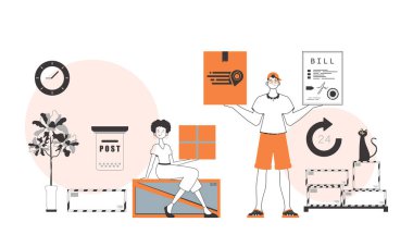 Adam ve kız kargo ve paket teslimatı yapıyor. Çizgi sanatı.