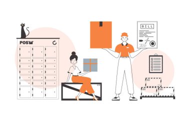 Adam ve kız paket ve kargo teslimatı yapıyor. Çizgi sanatı.