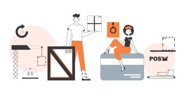 Adam ve kız paket ve kargo teslimatı yapıyor. Doğrusal modern biçim.