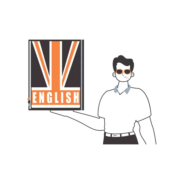 男性英語教師 英語を学ぶというコンセプト 線形現代的なスタイル 孤立したベクトル図 — ストックベクタ