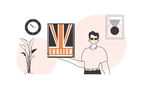 男性英語教師 英語を学ぶというコンセプト 線形現代風 — ストックベクタ