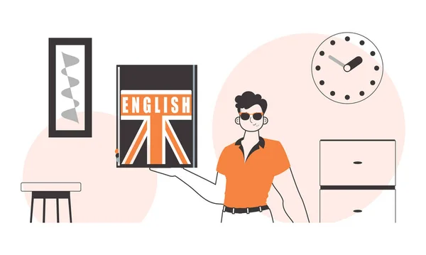 男英语老师 学习外语的概念 线性流行风格 — 图库矢量图片