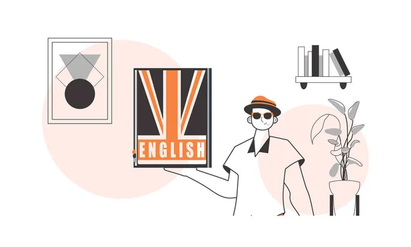 Insegnante Inglese Maschile Concetto Imparare Inglese Stile Line Art — Vettoriale Stock