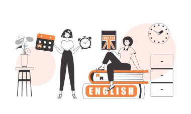 Kız ve erkek İngilizce öğretmeni. Yabancı bir dil öğrenme kavramı. Doğrusal biçim.