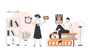 Erkek ve kız İngilizce öğretmeye yardım ediyor. Yabancı bir dil öğrenme kavramı. Lineart modern biçim.