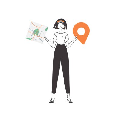 Kadının elinde bir harita var. Teslimat konsepti. Lineart tarzı. İzole edilmiş, vektör illüstrasyonu.