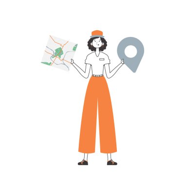 Elinde harita olan bir kadın. Teslimat konsepti. Doğrusal stil. İzole edilmiş, vektör illüstrasyonu.