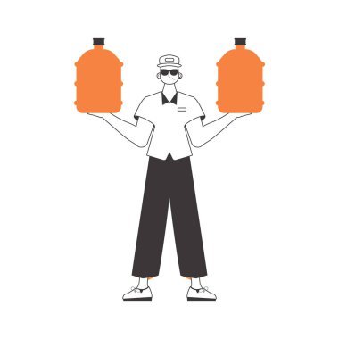 Su taşıma konsepti. Kapıcı elinde bir şişe su tutuyor. Doğrusal trend biçimi.