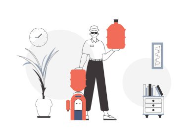 Elinde büyük bir şişe su olan bir adam. Su taşıma konsepti. Doğrusal biçim.