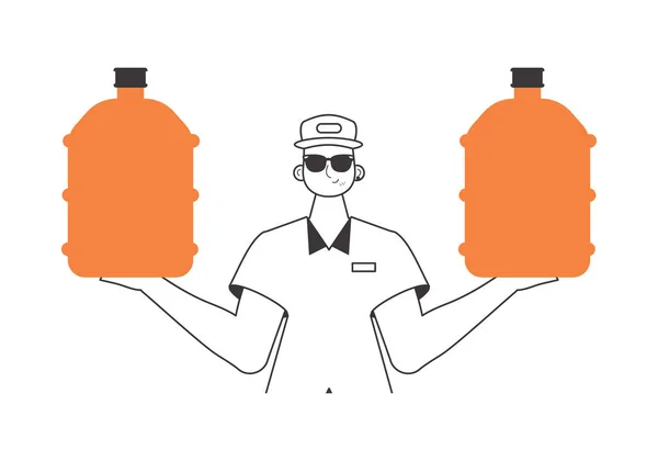 水の配達の概念 手に水の大きなボトルを持つ男 直線的な流行 — ストックベクタ