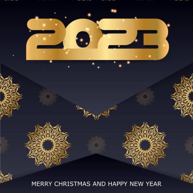 Siyah üzerine altın desen. Mutlu yıllar 2023 Noel posteri.