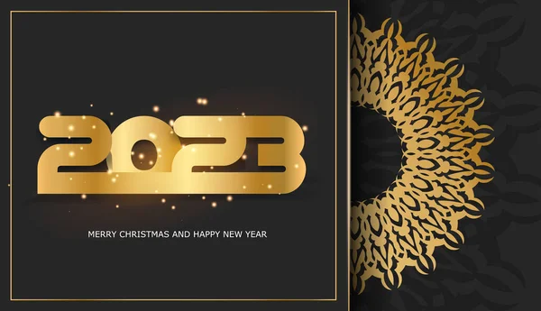 Happy New Year 2023 Greeting Banner Golden Pattern Black — Stock Vector