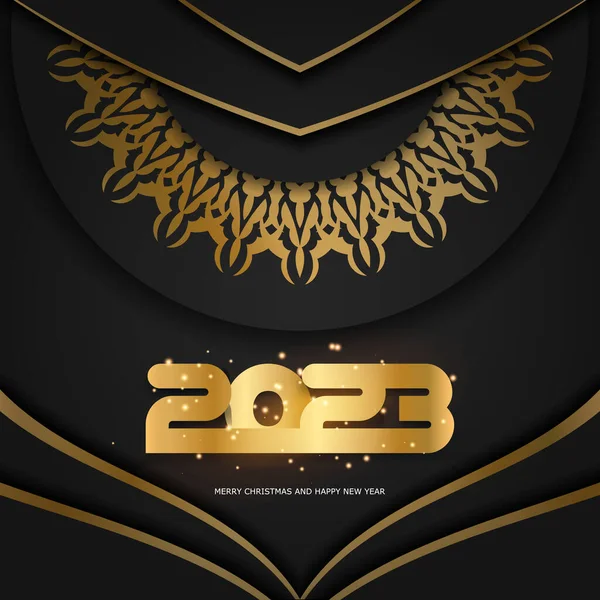 Happy New Year 2023 Holiday Banner Golden Pattern Black — Stock Vector