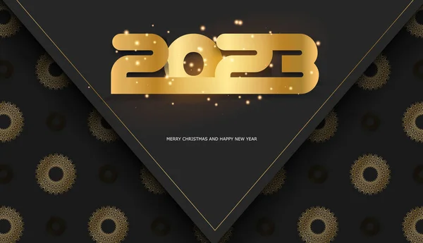 Feliz Ano Novo 2023 Cartaz Saudação Padrão Dourado Preto — Vetor de Stock