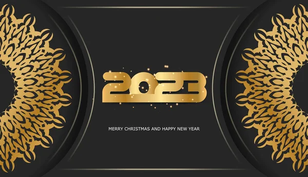 2023 Feliz Año Nuevo Cartel Felicitación Patrón Dorado Negro — Vector de stock