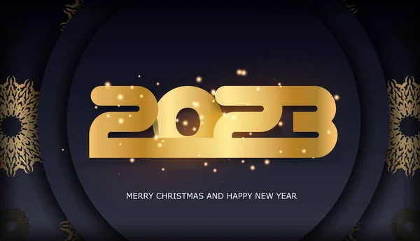 2023 Feliz Ano Novo Banner Saudação Padrão Dourado Preto — Vetor de Stock